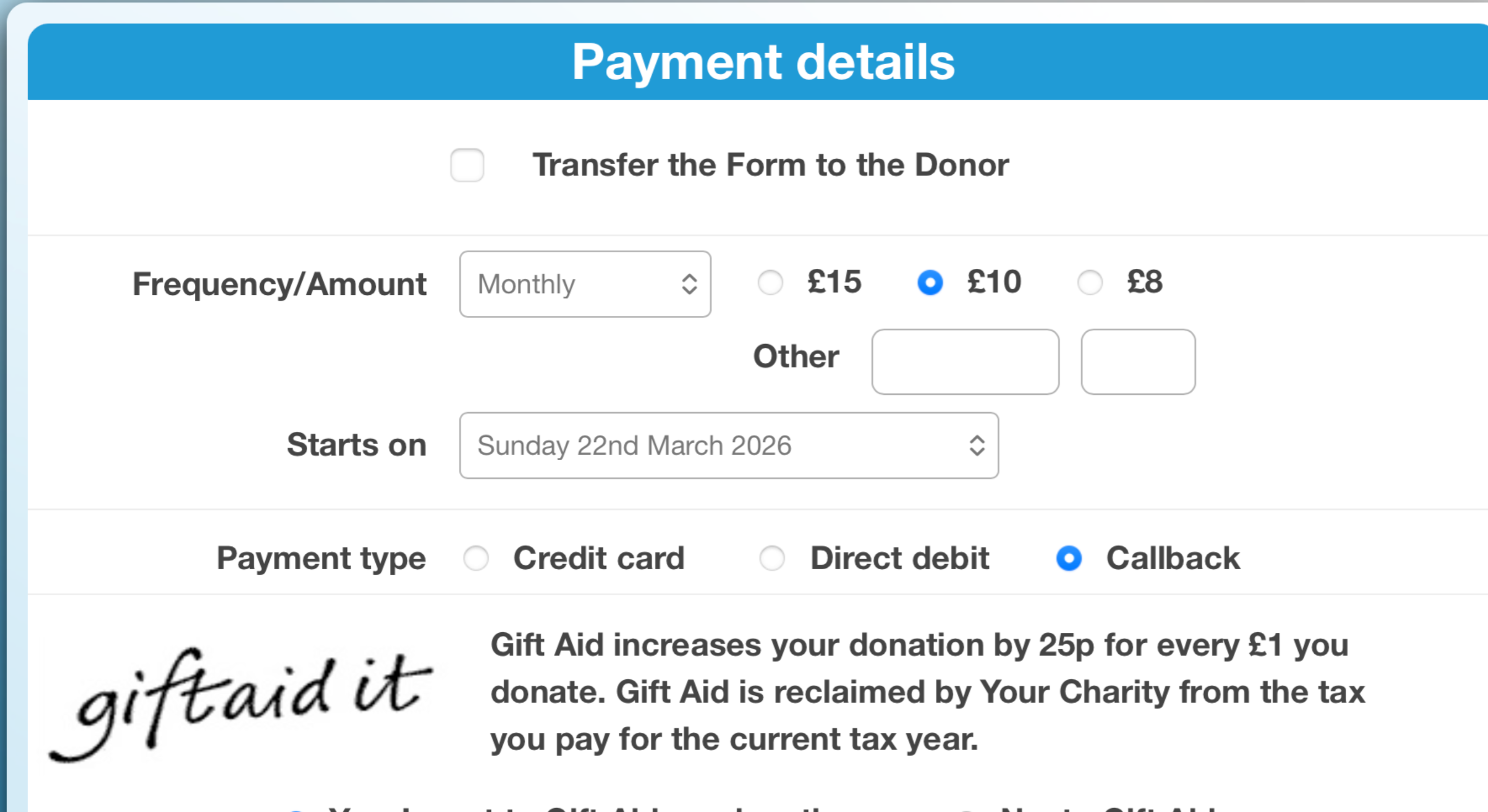 Payment details form with Callback selected as the payment type